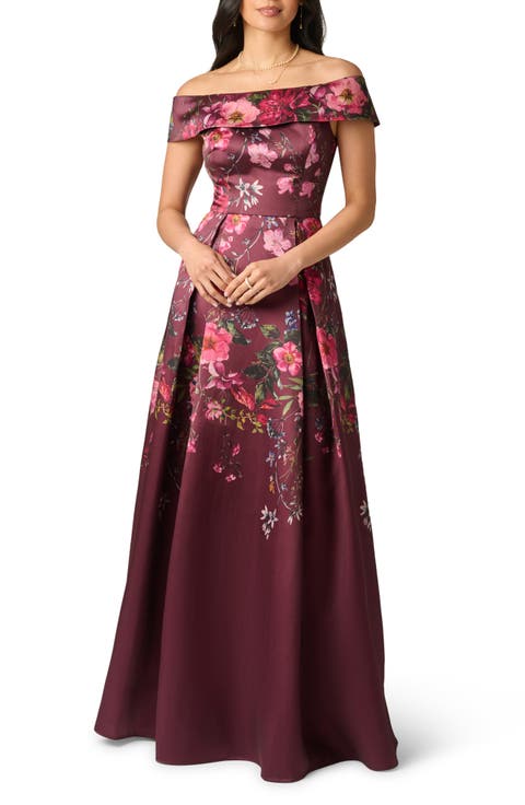 Off Shoulder Garden Floral Mikado Ballgown