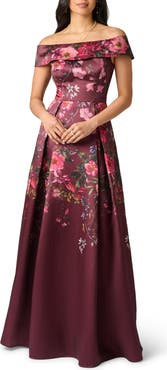 Adrianna Papell Off Shoulder Garden Floral Mikado Ballgown