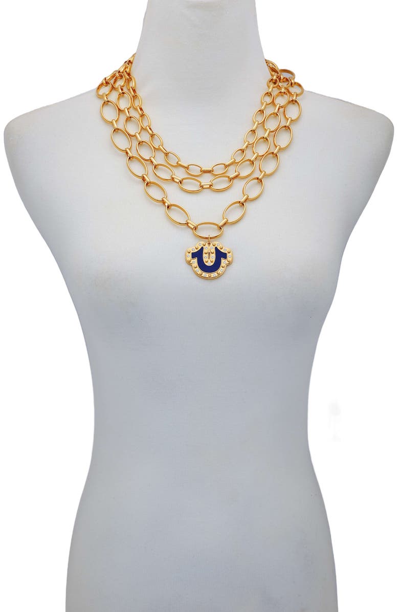 True Religion Layered chain necklace with horsehoe pendant, Alternate, color, Goldtone