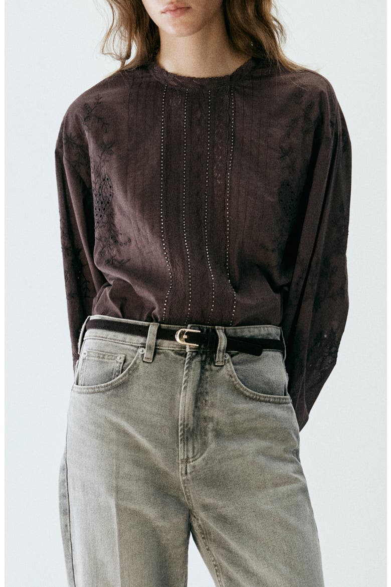 Crystal Embroidered Long Sleeve Shirt, Main, color, BROWN