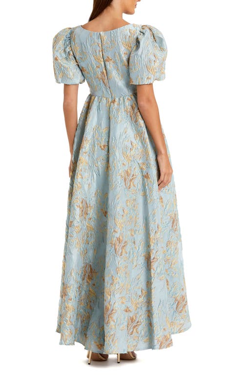Mac Duggal Brocade High-low Gown With Puff Sleeves In Blue