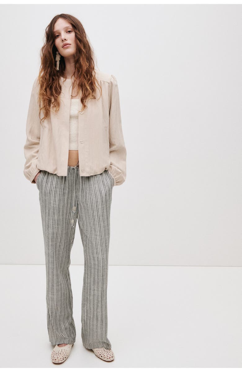 H&M Linen-blend Drawstring Trousers, Alternate, color, Black/Striped