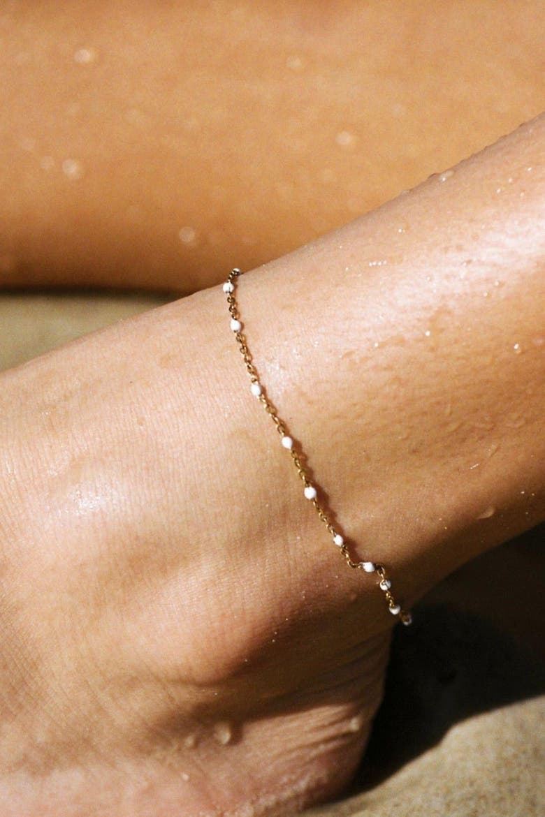 White Beaded Anklet, Alternate, color, Gold