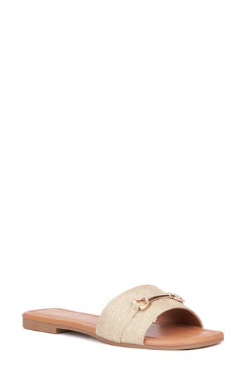 New York And Company Naia Slide Sandal In Gold Linen