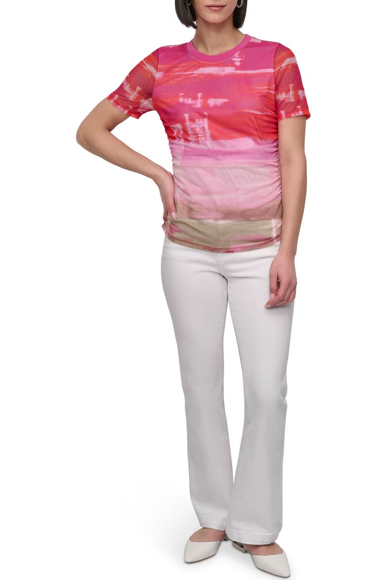 Print Ruched Mesh Top, Alternate, color, BRUSHED SKYLINE