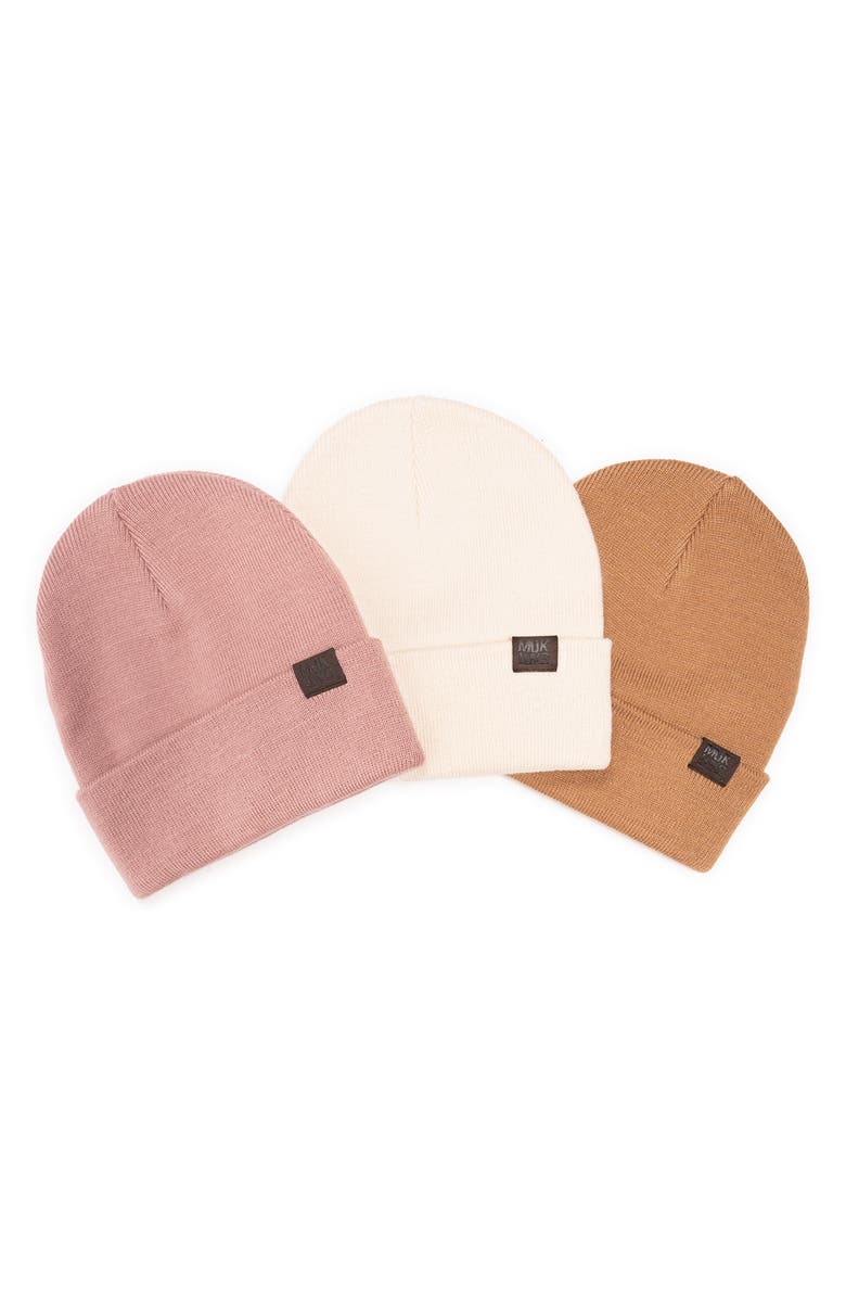 RELIABLE OF MILWAUKEE 3-Pack Knit Beanies, Alternate, color, Dsrtsnd/Vnll/Dck Brn