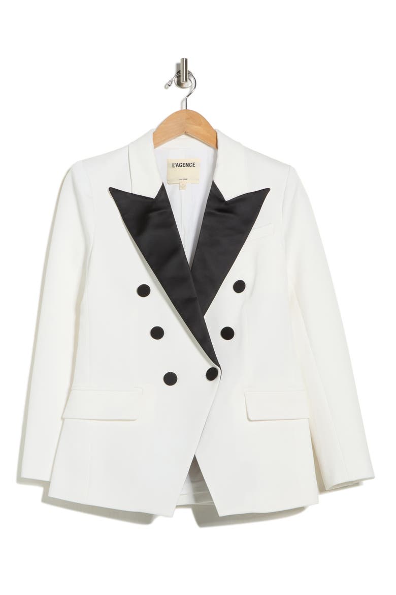 Kendi Long Double Breasted Blazer, Alternate, color, WHITE/ BLACK