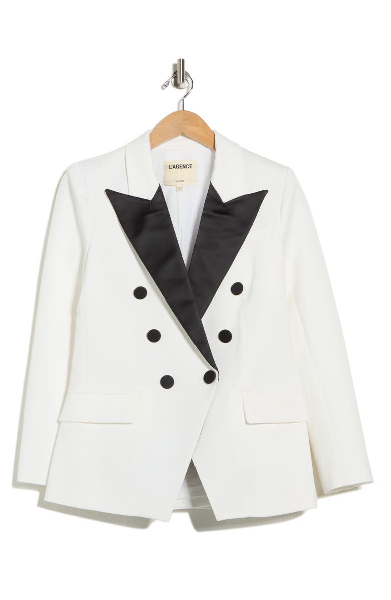 L'AGENCE Kendi Long Double Breasted Blazer, Main, color, White/ Black