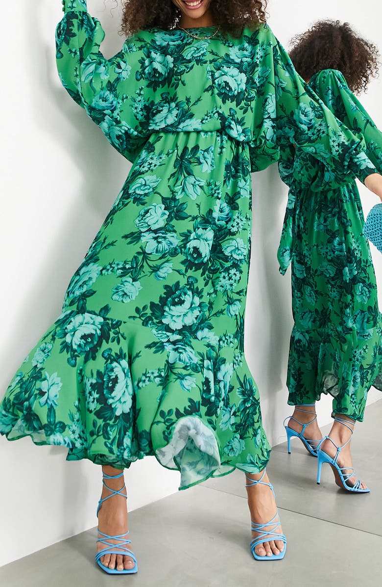 ASOS DESIGN EDITION Floral V-Back Long Sleeve Dress, Alternate, color, Green Multi