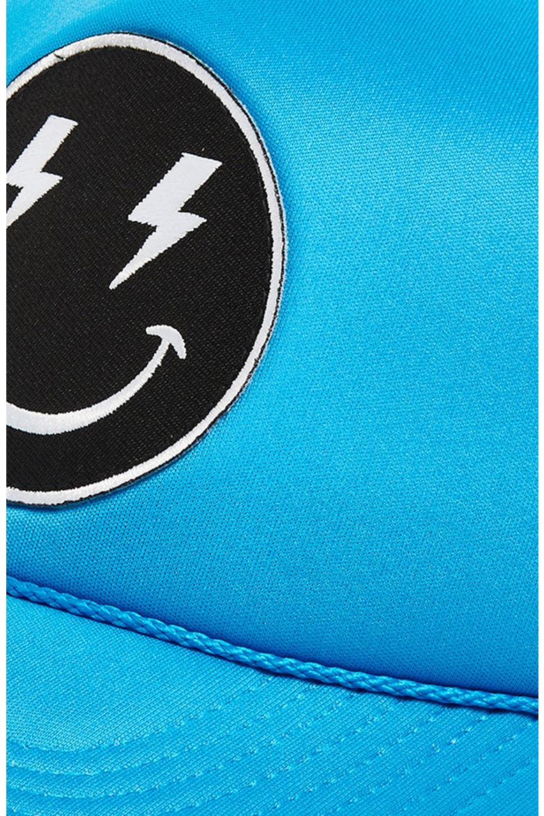 Bolt Smiley Face Trucker Hat, Alternate, color, NEON BLUE