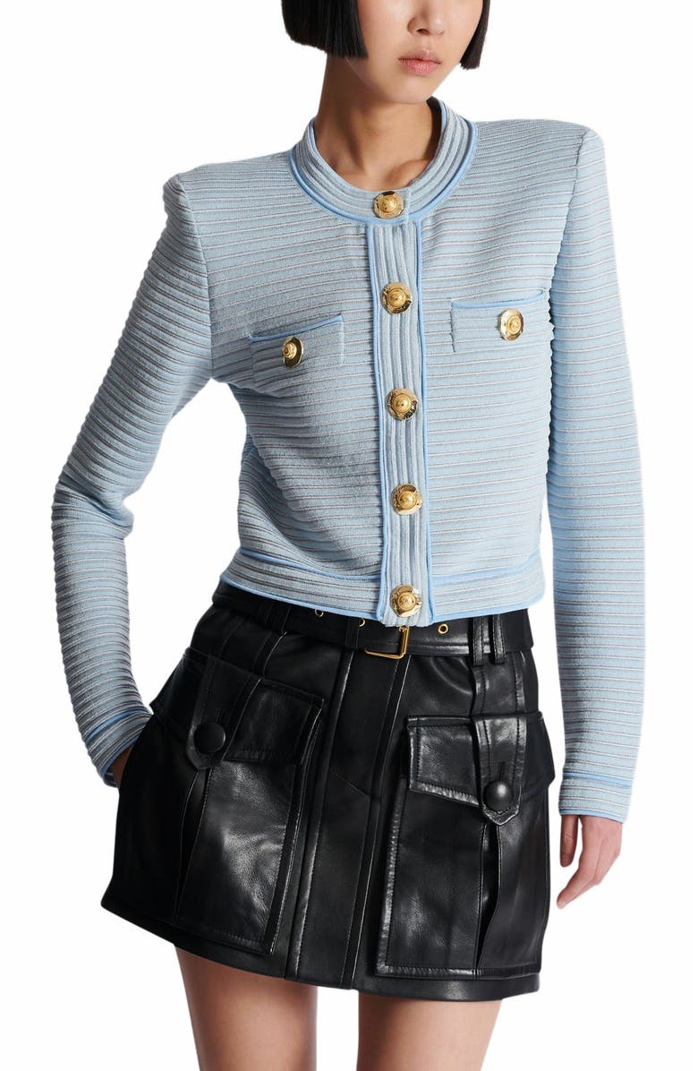 Balmain Long-Sleeved Textured Knit Cardigan, Alternate, color, 