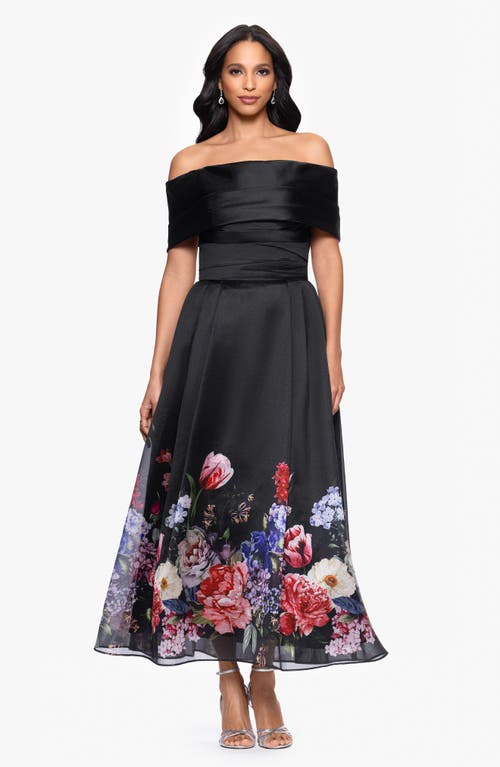 BETSY & ADAM BETSY & ADAM PLACED FLORAL OFF THE SHOULDER GOWN 