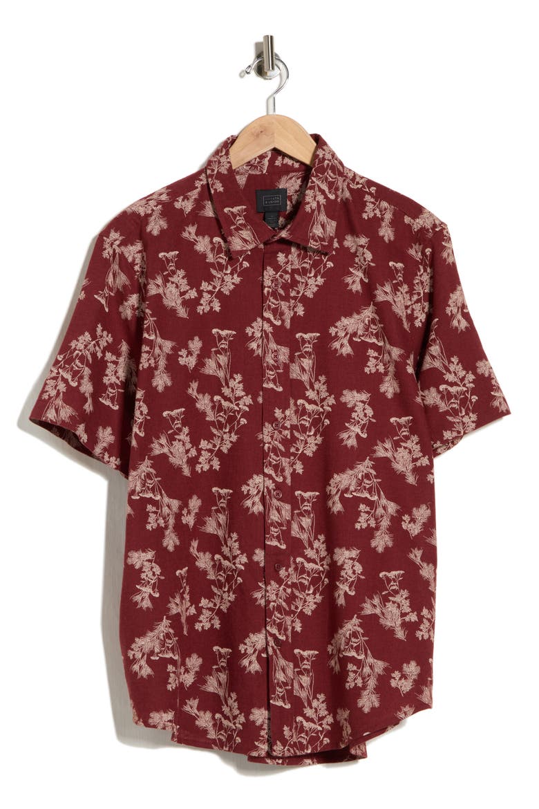 Short Sleeve Button Front Linen Shirt, Alternate, color, BURGUNDY SKETCHED BOUGHS