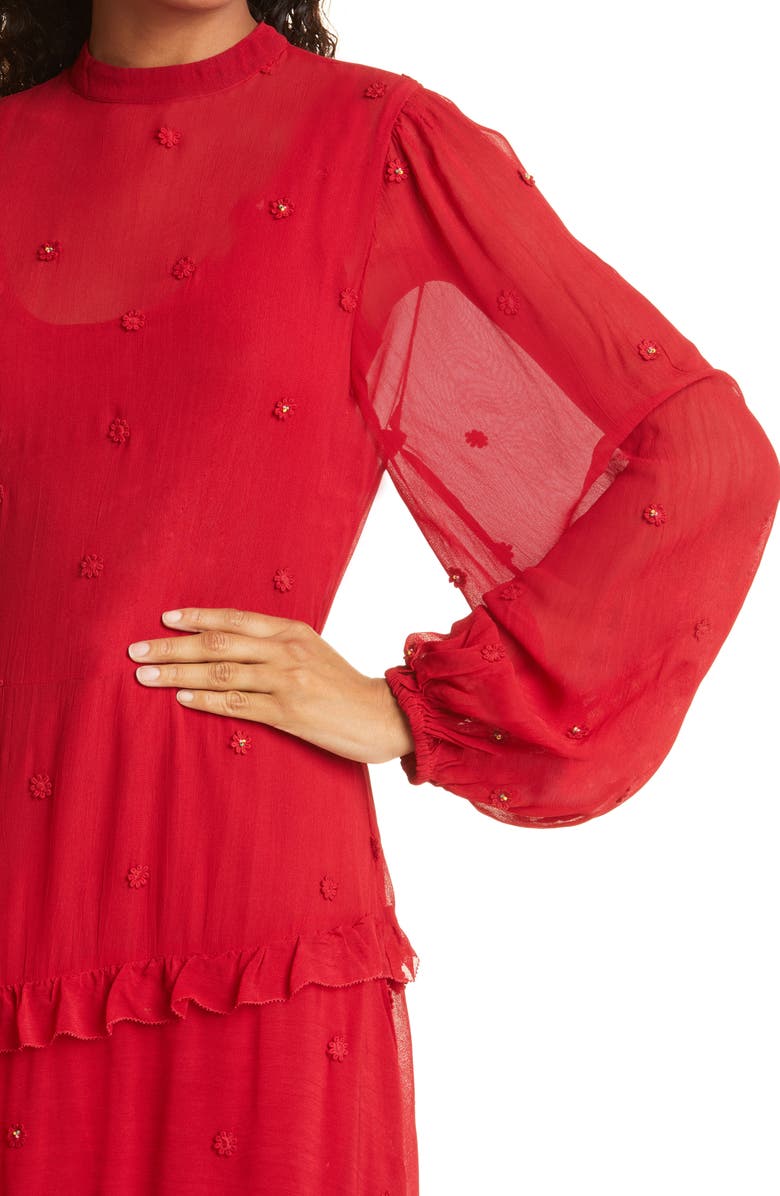 FARM Rio Red Ruffle Long Sleeve Maxi Dress, Alternate, color, 