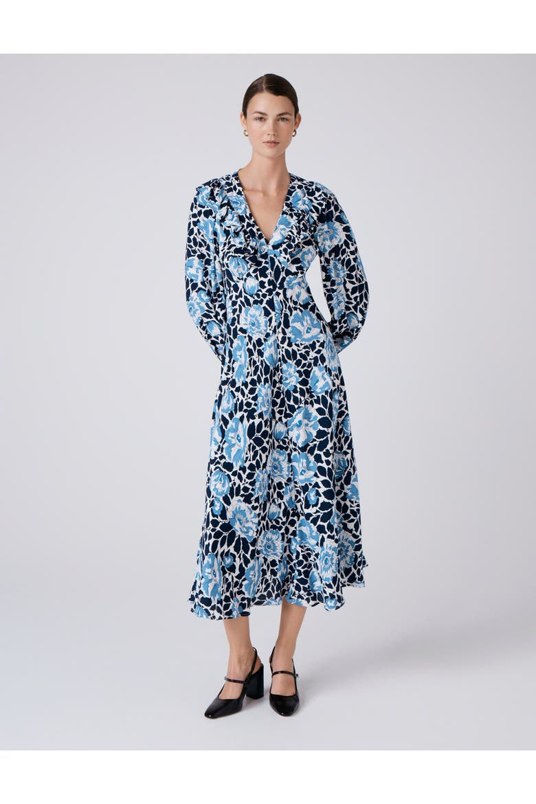 Noa Floral Crepe V Neck Midi Dress, Main, color, Blue Floral