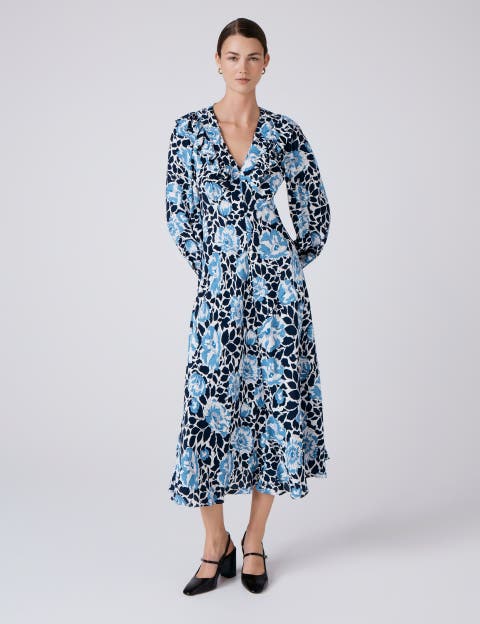 Noa Floral Crepe V Neck Midi Dress