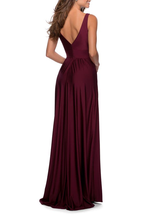 La Femme Empire Waist Gown With Deep V Neckline In Dark Berry