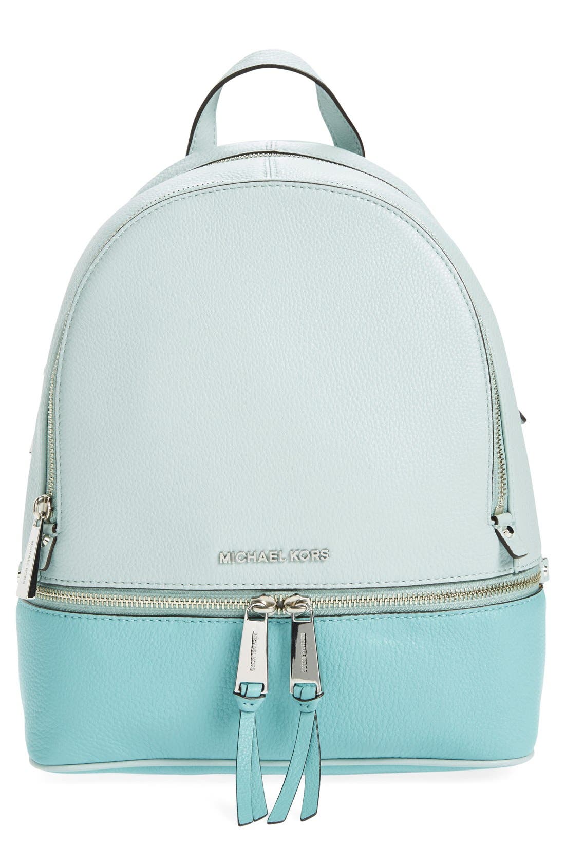 'Small Rhea' Leather Backpack, Main, color, CELADN/AZURE/ SILVER