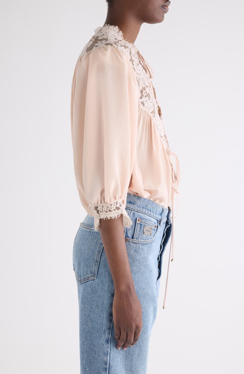 Chloé Lace Trim Silk Top, Alternate, color, Delicate Pink