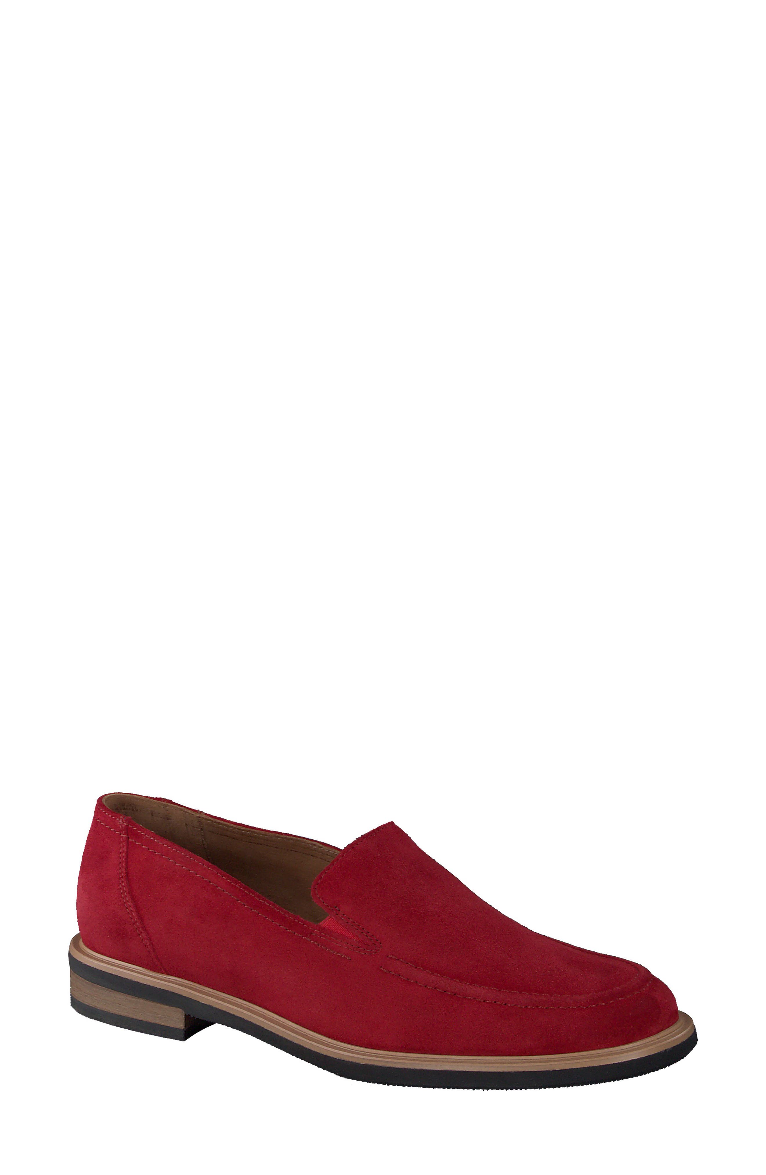 Shelby Moc Toe Slip-On Flat, Main, color, RED SOFT SUEDE