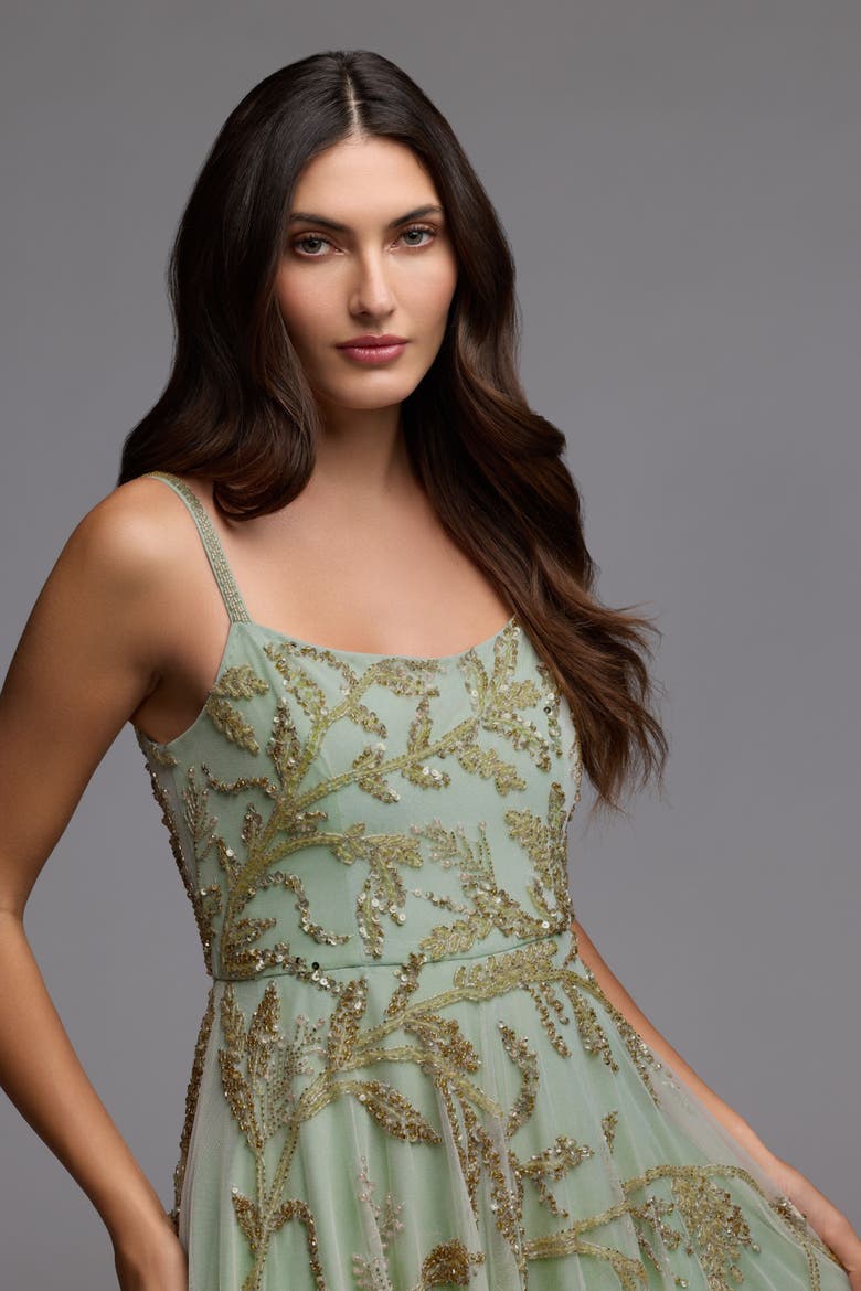 Spaghetti Strap Floral Hand Beaded Midi Dress, Alternate, color, Seafoam Gold