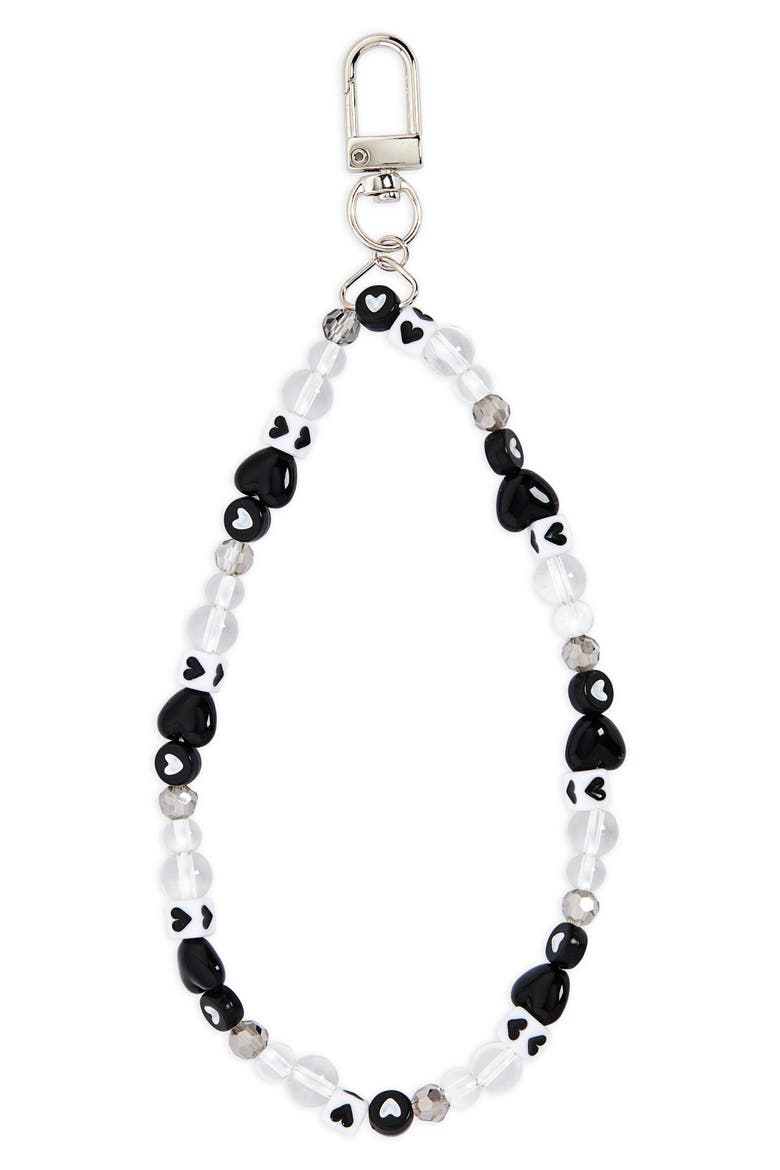 Beaded Heart Phone Wrist Strap Charm, Main, color, BLACK- WHITE