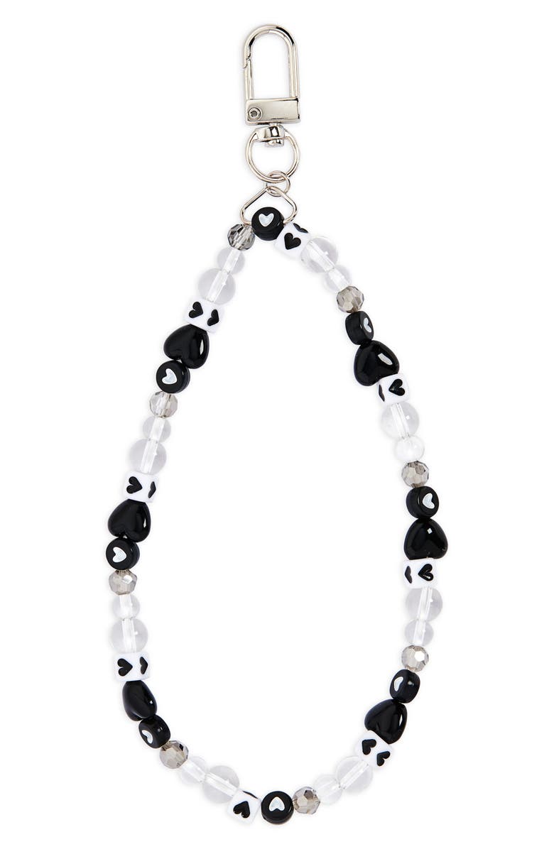 BP. Beaded Heart Phone Wrist Strap Charm, Main, color, Black- White
