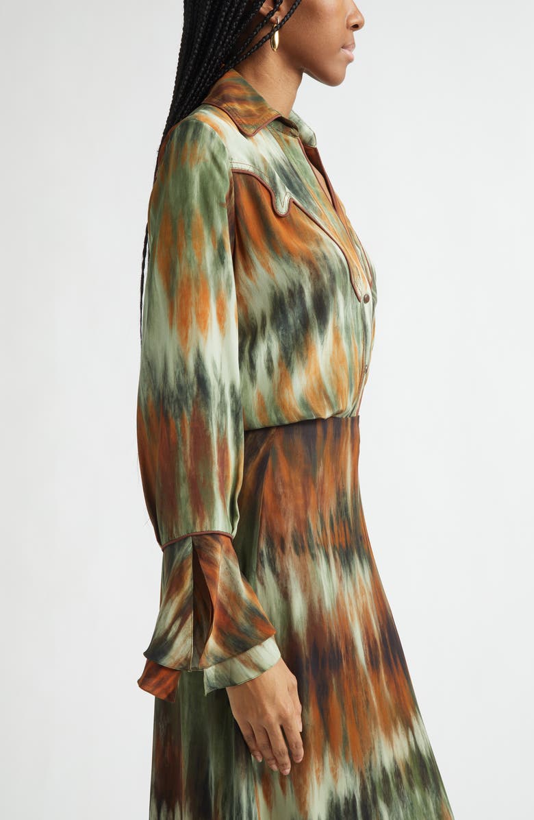 Johanna Ortiz Cabalgando Piped Silk Western Shirt, Alternate, color, Pine Green / Chocolate