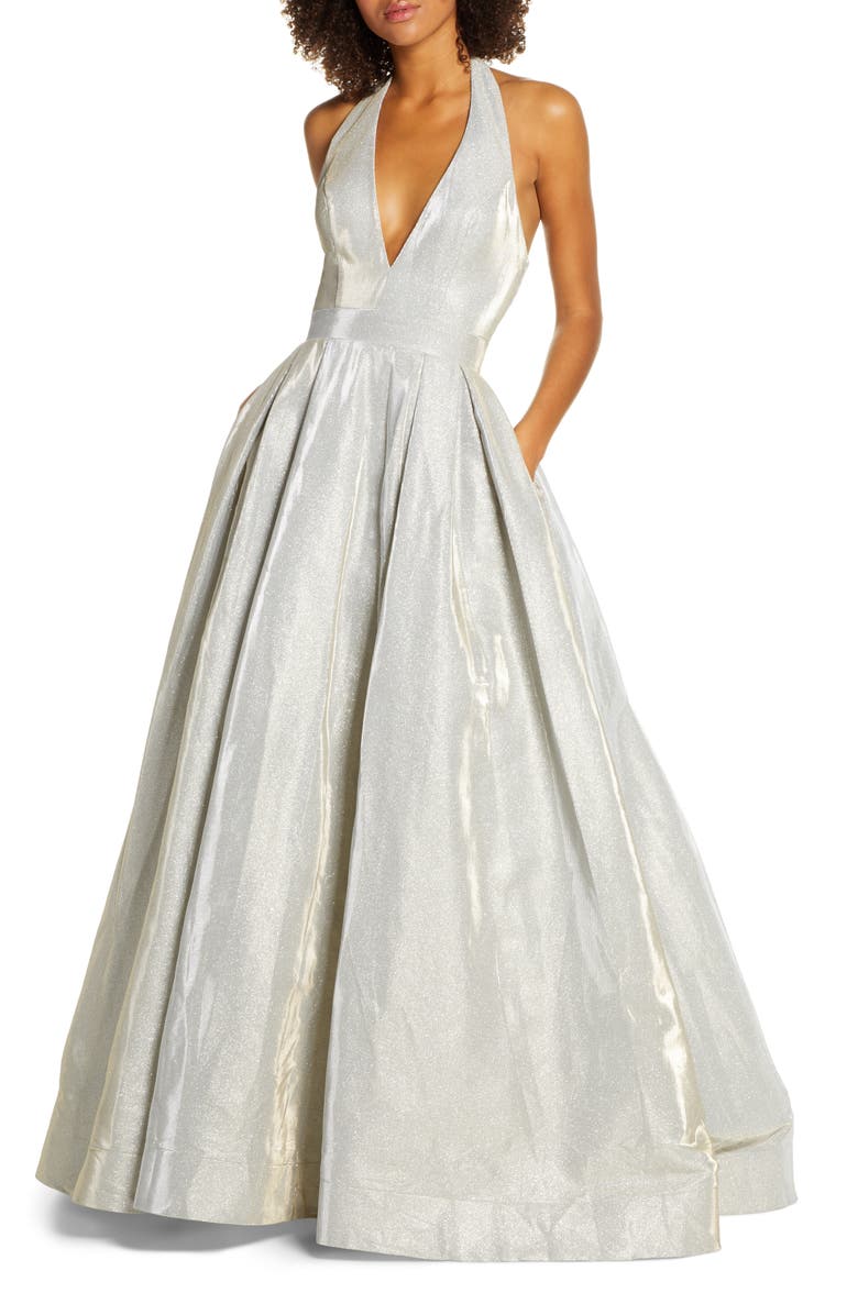 Ieena for Mac Duggal Mac Duggal Shimmering Halter Neck Ballgown, Main, color,