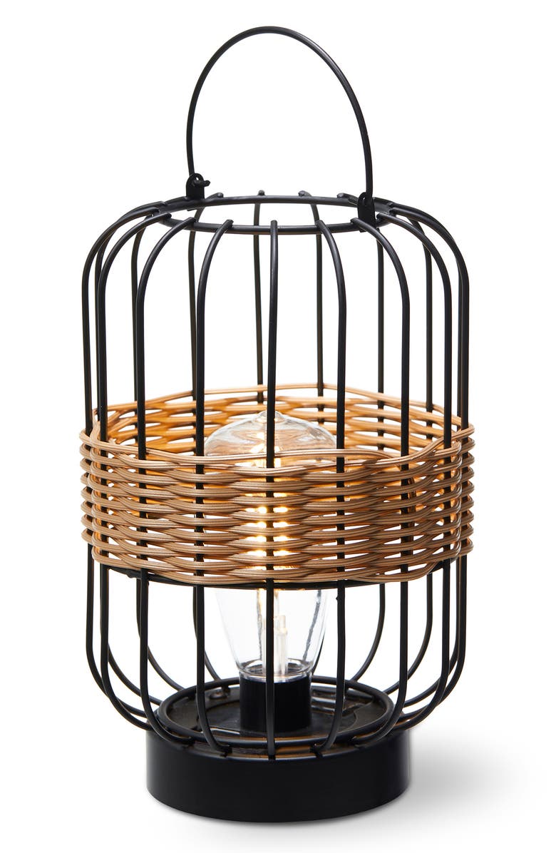 Glitzhome Metal Wire Faux Rattan Solar Powered Outdoor Lantern with Handle, Alternate, color, Black