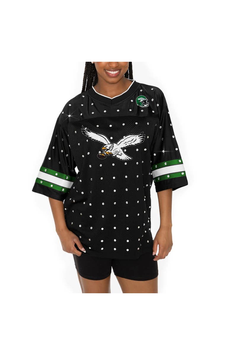 GAMEDAY COUTURE Women's Gameday Couture Black Philadelphia Eagles Kickoff Time Allover Rhinestone Sports Stripe Jersey V-Neck T-Shirt, Alternate, color, 
