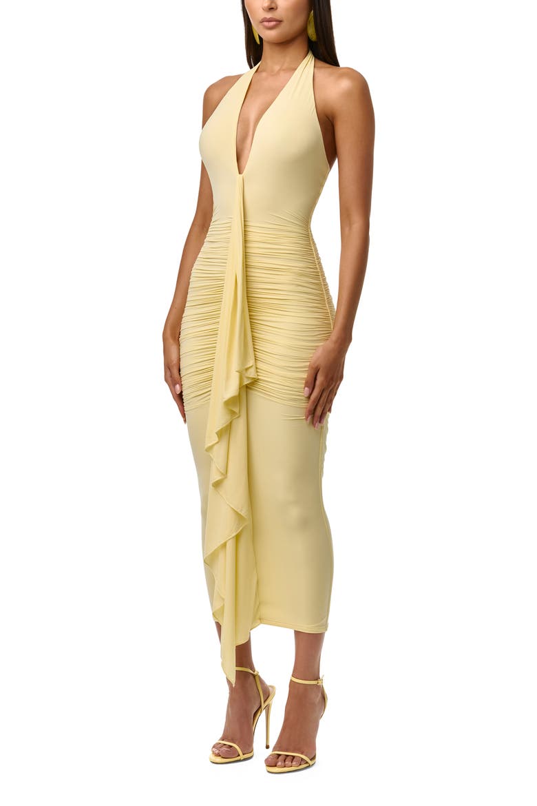 Plunge Halter Neck Center Ruched Body-Con Midi Dress, Alternate, color, LEMONADE