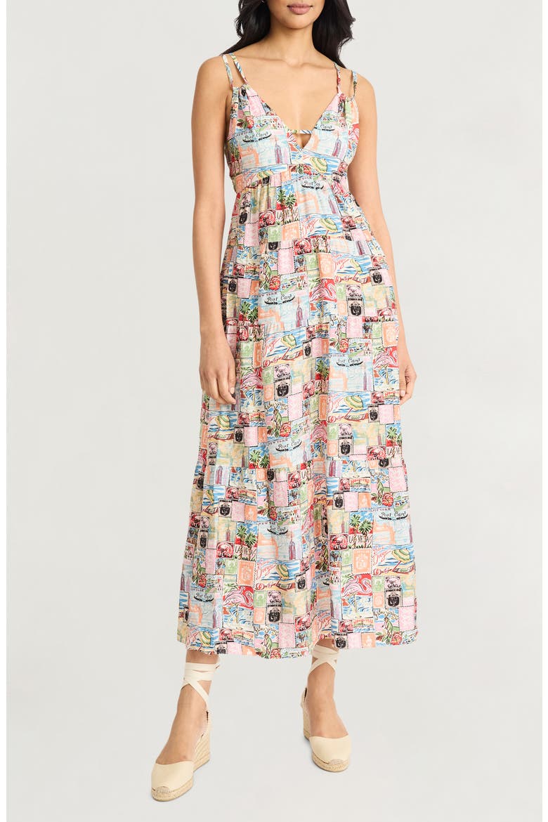 Postcard Print Empire Waist Maxi Dress, Main, color, PEACH/ GREEN