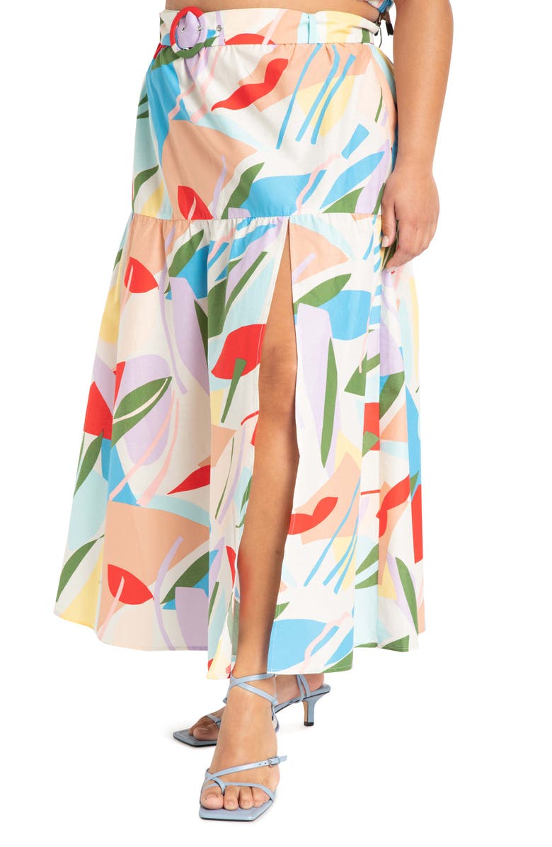 ELOQUII Print Belted Cotton Maxi Skirt, Main, color, 
