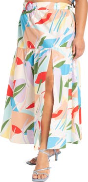 ELOQUII Print Belted Cotton Maxi Skirt