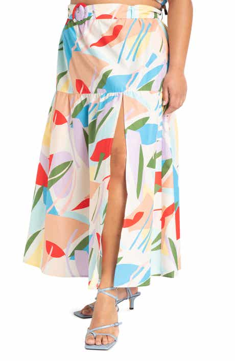 Print Belted Cotton Maxi Skirt