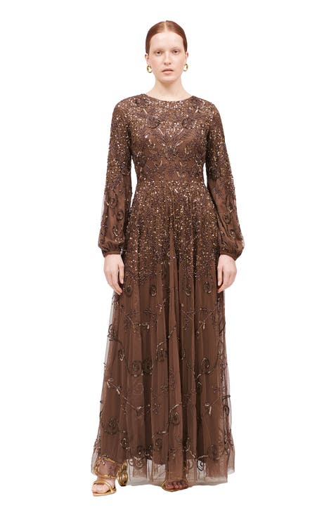 Modest Embellished Sequin Beaded A-Line Maxi Dress