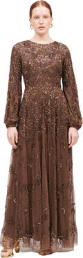 MARYISA Modest Embellished Sequin Beaded A-Line Maxi Dress