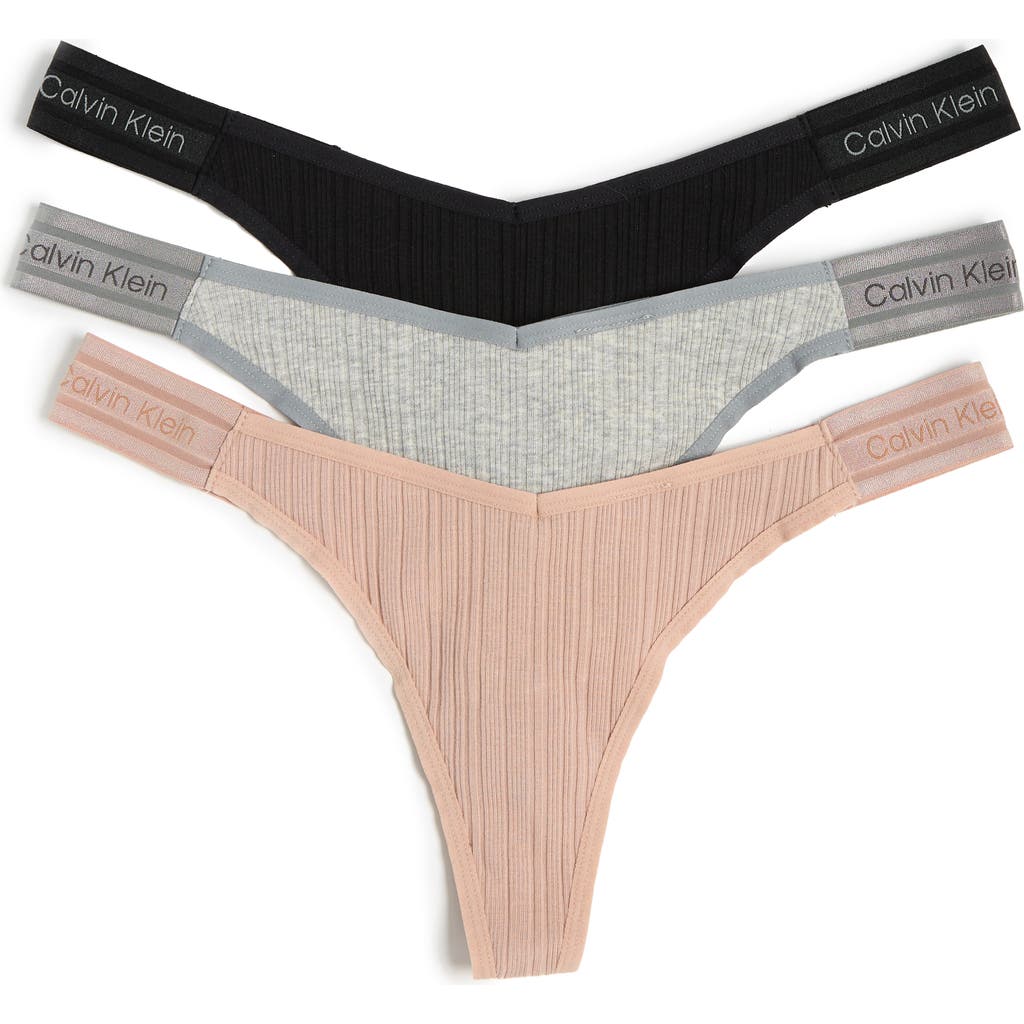 Shop Calvin Klein Refined Ribbed Thongs In Black/grey/beige