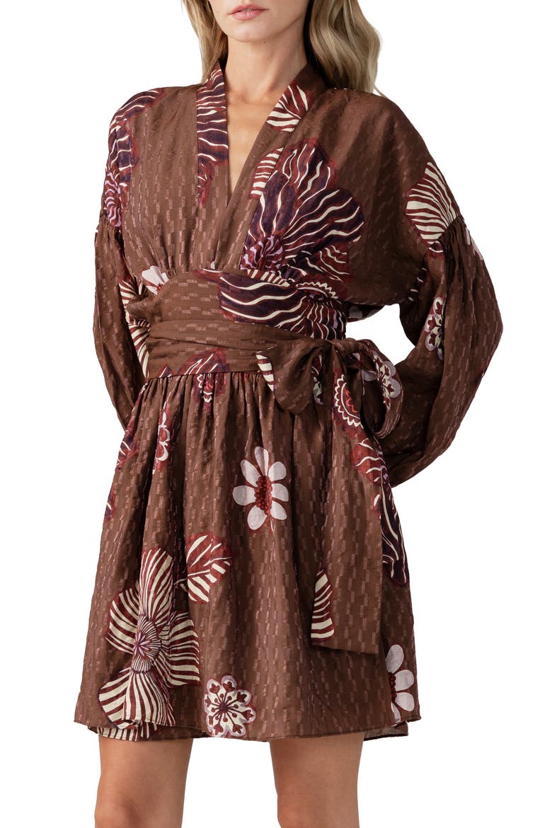 Sonya Long Sleeve Tie Waist Dress, Alternate, color, BROWN MULTI