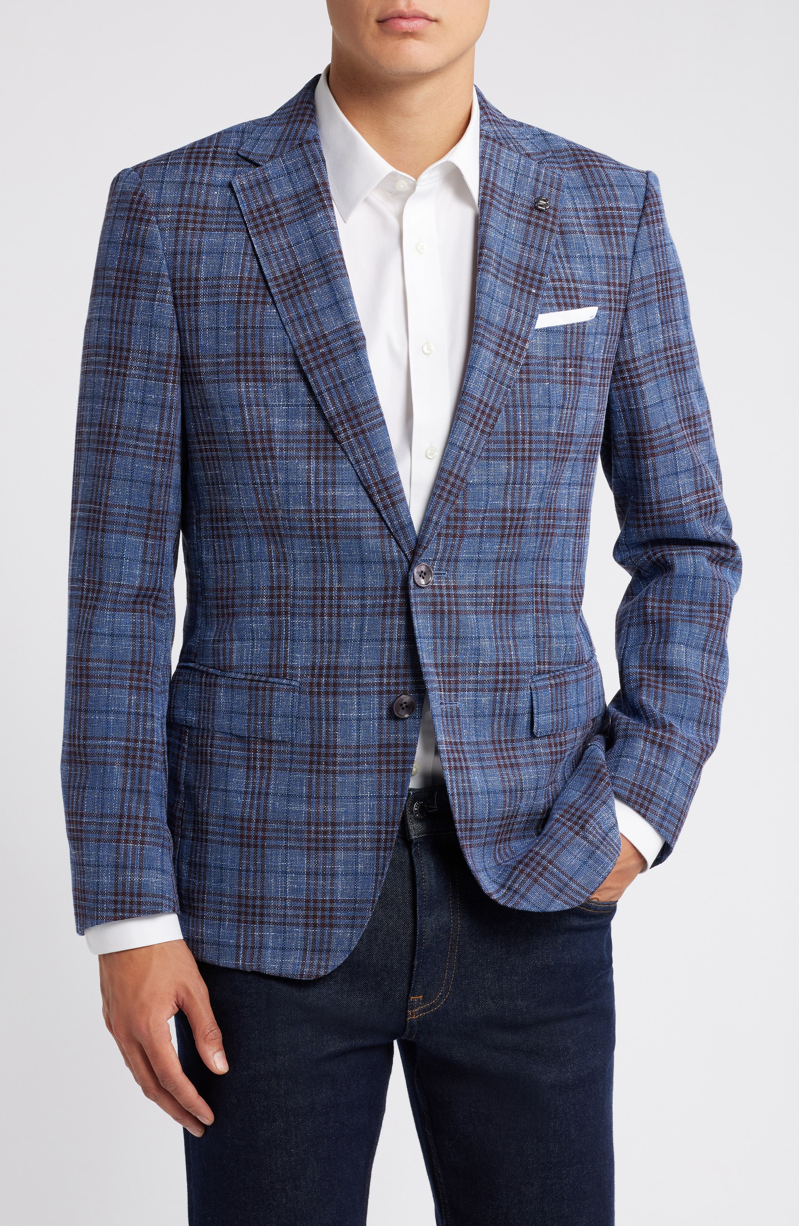 BOSS Hutson Plaid Virgin Wool, Cotton & Linen Blend Sport Coat