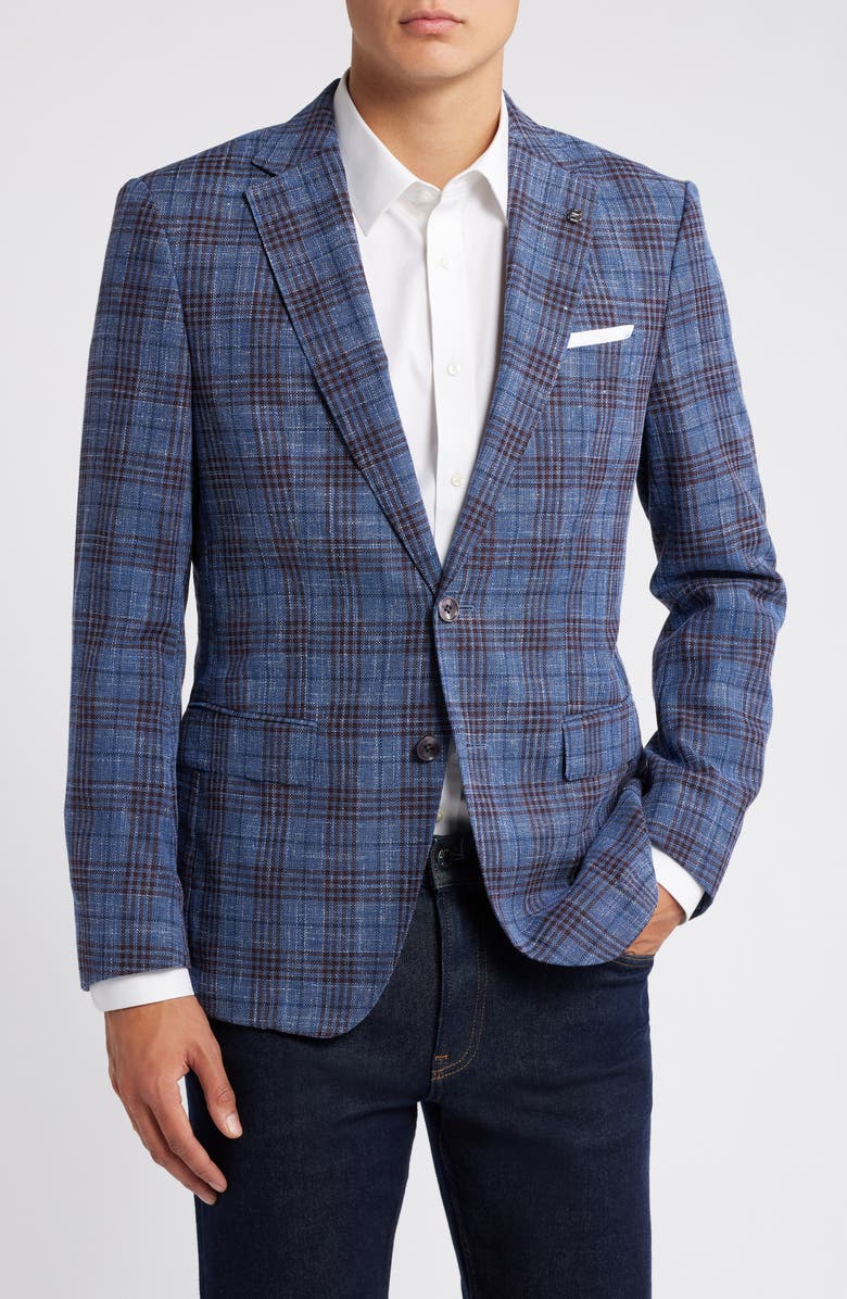 BOSS Hutson Plaid Virgin Wool, Cotton & Linen Blend Sport Coat, Main, color, Dk Bu