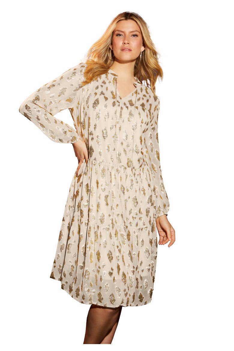 Coraline Metallic Print Georgette Dress, Main, color, OATMEAL