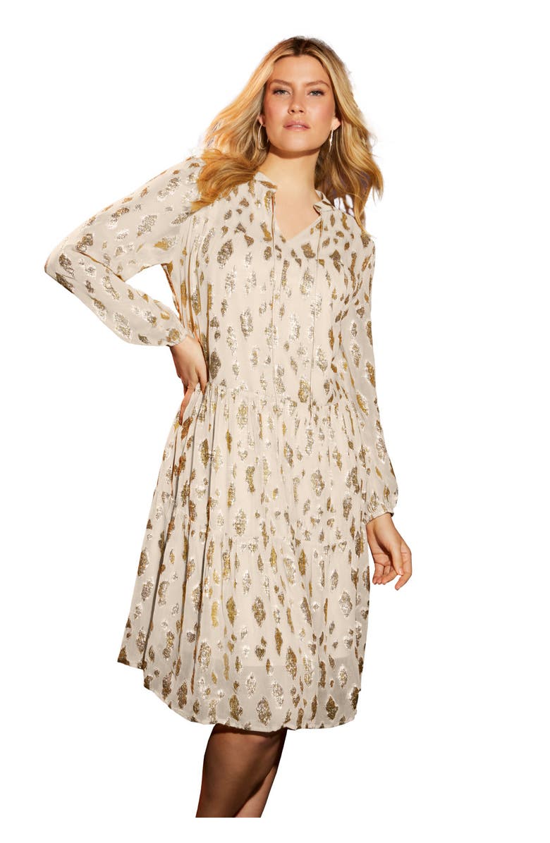 June + Vie Coraline Metallic Print Georgette Dress, Main, color, Oatmeal