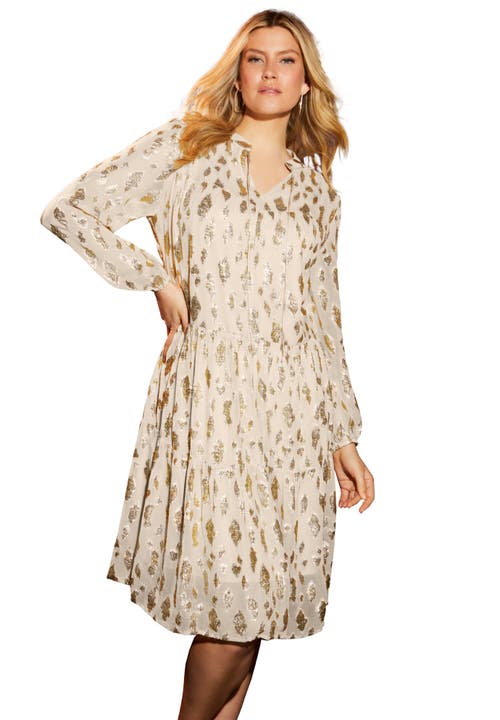 June + Vie Coraline Metallic Print Georgette Dress In Neutral