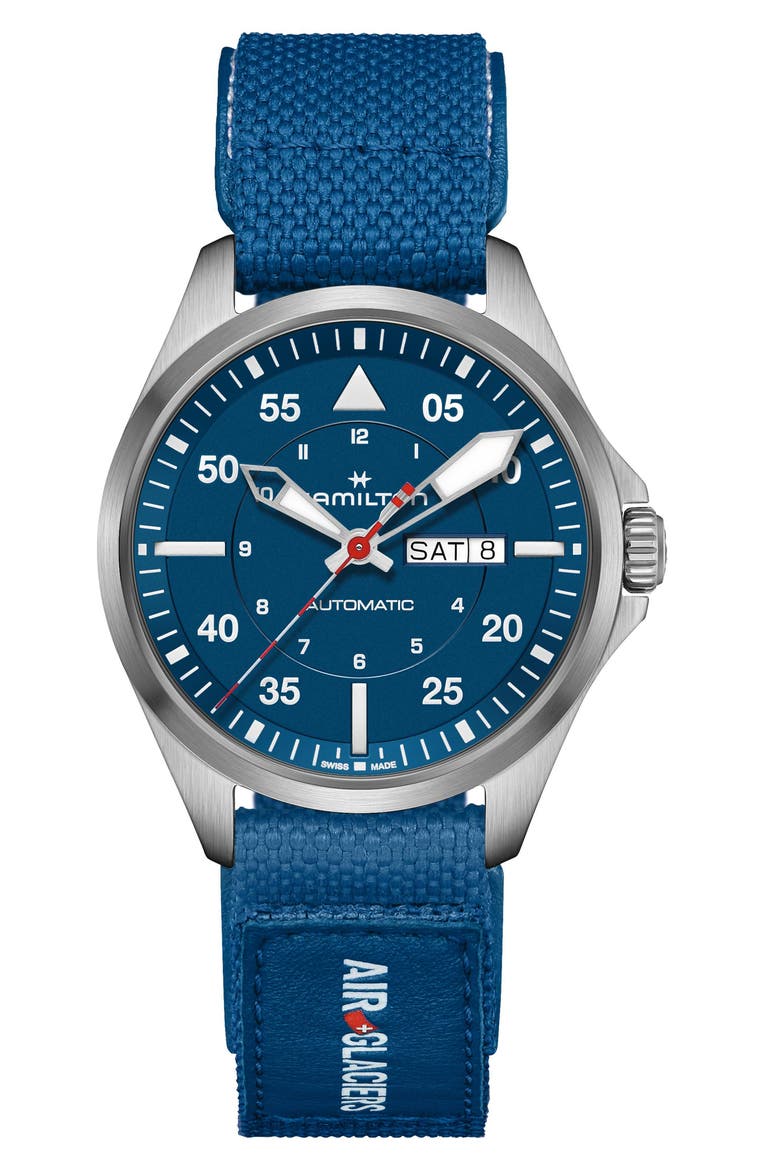 Khaki Aviation Pilot Automatic Leather Strap Watch, 42mm, Main, color, BLUE
