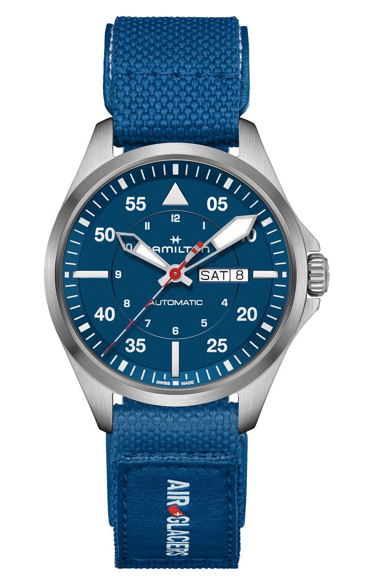 Hamilton Khaki Aviation Pilot Automatic Leather Strap Watch, 42mm, Main, color, Blue
