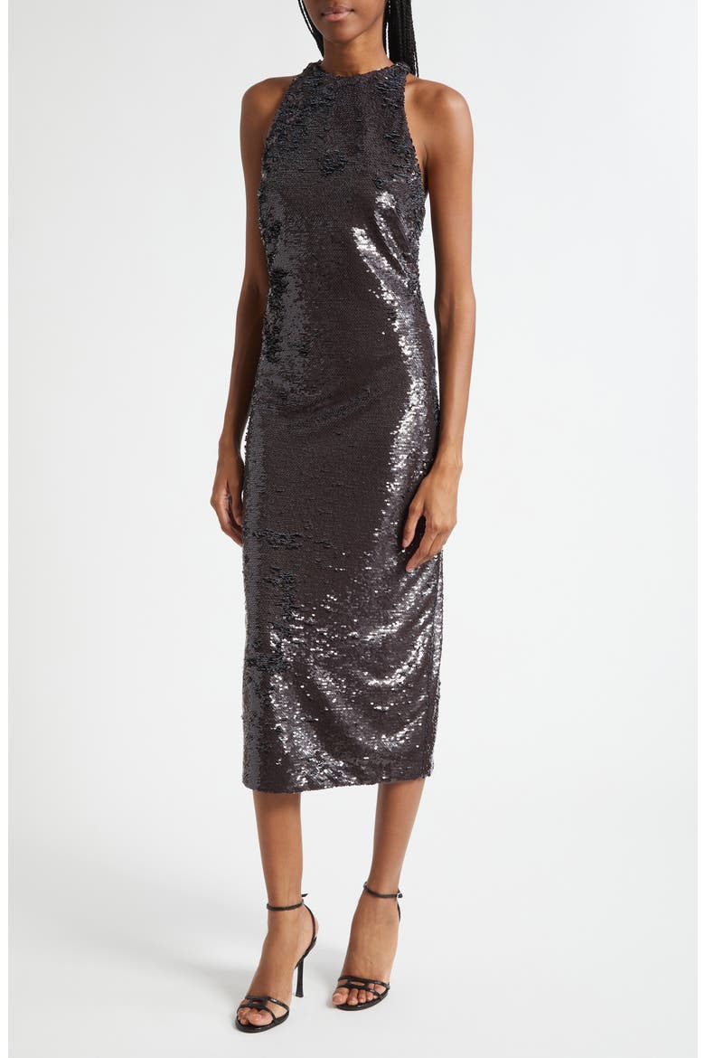 Lilith Sequin Poplin Collar Sleeveless Midi Dress, Alternate, color, BLACK/ WHITE CONTRAST