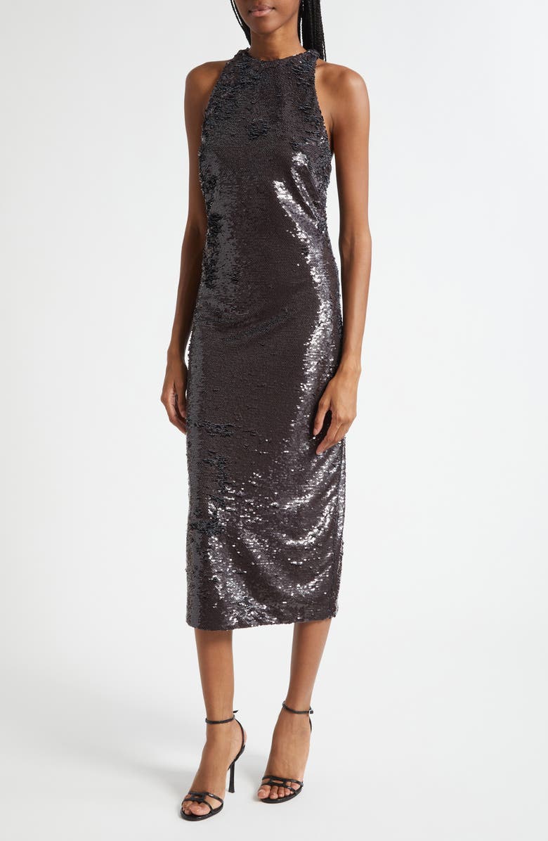L'AGENCE Lilith Sequin Poplin Collar Sleeveless Midi Dress, Alternate, color, Black/ White Contrast