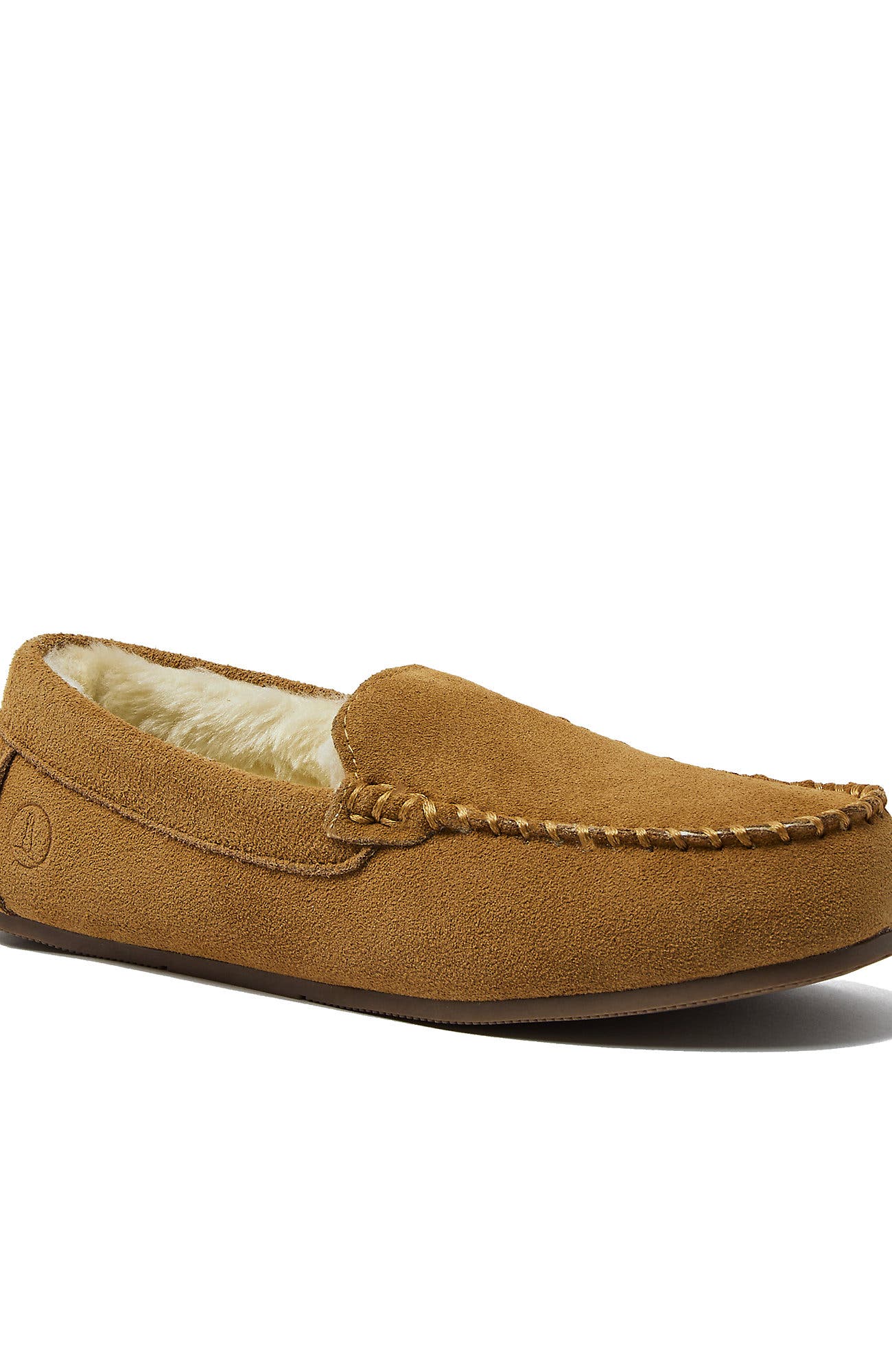 Lands' End Fuzzy Lined Suede Moccasin Slippers, Alternate, color, English Tan Suede